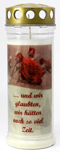 Grabkerze mit Spruch und Motiv Rose, (21x7,5 cm) Grablicht mit 7 Tage Brenndauer (3759), Wetterfestes Trauerlicht mit Deckel, Hochwertige Trauerkerze, Edle Gedenkkerze aus Deutschland