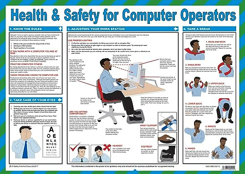 Safety First Aid Health and Safety Computer Ops Poster, A2 | 60cm x 43cm, Laminated