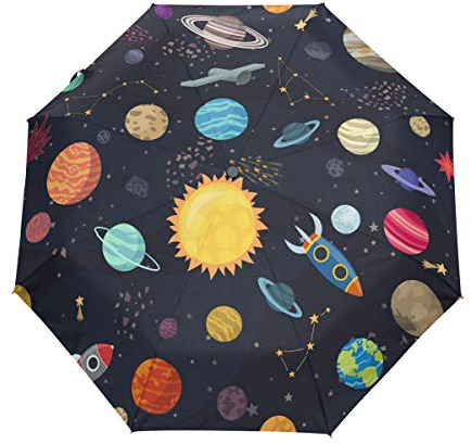 Orediy Automatischer Falt-Regenschirm Karton Weltraum Planeten Winddicht Reisen kompakt tragbar Sonne Regen UV-beständig