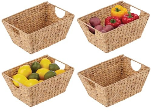 mDesign Stapelbarer Korb aus gewebter Hyazinthe, für Küche, Speisekammer, Lebensmittelaufbewahrung, Organizer, Korb – für Schränke, Regale, Obst, 4 Stück – Natur/Hellbraun