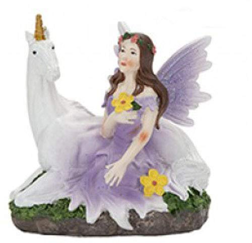 HomestreetUK Verzauberte Gartenfee mit ihrem Einhorn, hübsche sitzende Fee mit Glitzerflügeln und einem weißen Einhorn Gartenfigur Ornament (Lila)