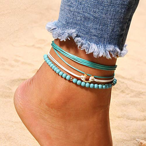 TseanYi Fußkettchen mit grünen Perlen, gewebtes Band, u-förmiges Fußkettchen, für Lagenlook, Sommer-/Strand-Fußkette, Schmuck für Damen und Mädchen