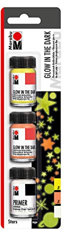 Marabu 1273000000200 - Fluoreszierende Nachleuchtfarbe Glow in the Dark Set Stars 3 x 15 ml, auf Wasserbasis, wischfest und bedingt lichtecht, zum Pinseln, Spachteln und Schablonieren