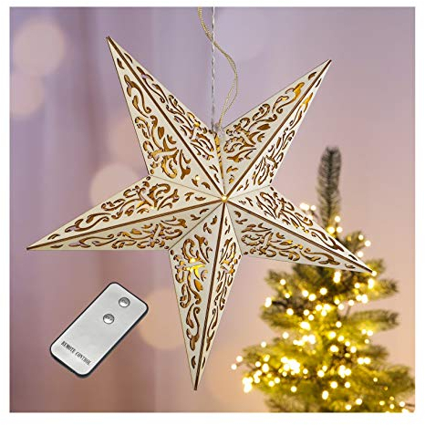 Benelando Weihnachtsstern aus Holz mit zehn warm-weißen LEDs und Fernbedienung