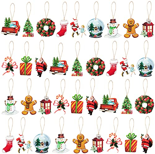 Haooryx 37-Stück Vintage Weihnachts-Holz-Aufhänge-Schmuck - Santa Snowman Gingerbread Wasserfarben-Weihnachtsbaum-Deko-Zierelemente Winter-Festtagsdeko für Zuhause Inkl. Hanfseil zur Aufhängung