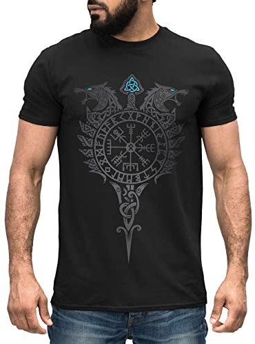 Neverless® Herren T-Shirt Fenrir Wolf Valknut Vegvisir Wikinger Odin Schwert Runen Kompass nordische Mythologie schwarz-grau 3XL