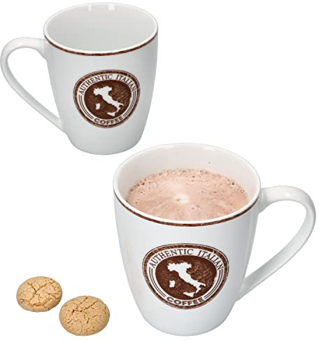 MamboCat Authentic Italian 2er Set Kaffeebecher mit Henkel I 300 ml I 2 Personen I Porzellan-Tassen für Heißgetränke wie Tee, Kakao, Kaffee & Co. I Brauner Stempel-Aufdruck mit Rand