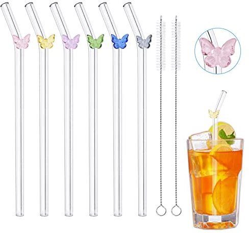 Strohhalme Glas,6 Stück Transparent Glasstrohhalme Lang,Schmetterling Glas Strohhalm Wiederverwendbar,Bruchfestes Glas-Strohhalm mit 2 Reinigungsbürsten,Gebogene Glass Straw für Säfte Smoothies