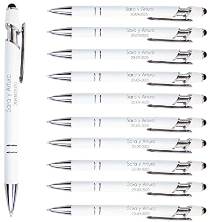 Pack 100 bolígrafos Personalizados con tu nombre o texto | Chrome Blanco | Puntero para dispositivos móviles | Grabado a láser | Lote bolígrafos publicitarios, bodas, comuniones, merchandising