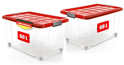 BigDean 2 Stück 60 L Aufbewahrungsbox mit Deckel groß rot - stapelbare robuste Box - rollbare Stapelbox mit festen Klickverschlüssen - Made in Germany