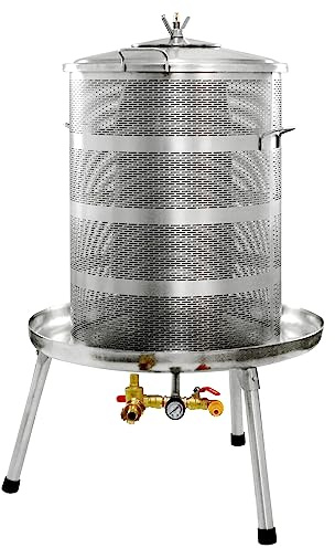 Fischer Edelstahl Hydropresse 90 Liter INOX, Kelter/Apfelpresse/Obstpresse mit Wasserdruck-Antrieb, mit zusätzlichem Druckminderer (!), inkl. Presstuch