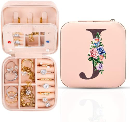 Reise-Schmuckschatulle mit Spiegel, Reise-Essentials-Schmuckhalter-Organizer, Ring-Halskette-Ohrring-Organizer, personalisiertes anfängliches Reiseschmuckkästchen, Geschenke für Frauen und Mädchen,J