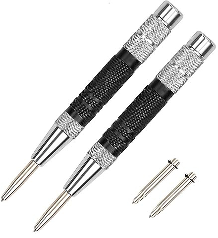 2 Pezzi 128 x12.5mm Punzone Centro,Punzone a Centro Caricato a Molla,con 2 Pezzi Punte di Ricambio,per metallo tenero, legno, vetro