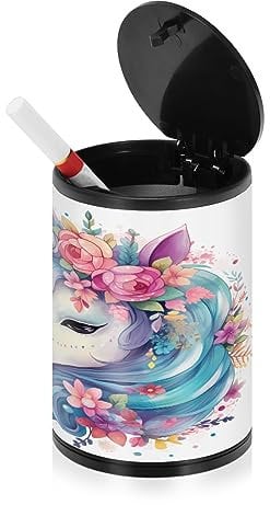 Blaue Einhörner Rosa Blume Aschenbecher für Zigaretten Im Freien mit Deckel Geruchssicher Edelstahl Tragbare Rauchfreie Outdoor Zigarette Butt