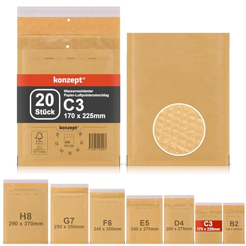 KONZEPT Luftpolsterumschläge, Set 20 Stück, Luftpolstertaschen für Brief, Unterlagen, CD, Fotos, USB Stick, kleine Bücher, Elektronik, Schmuck, Kosmetik, selbstklebend, DIN C3, 170 x 225 mm