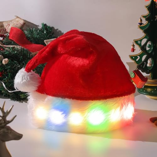 Mecctuck LED Mütze, Weihnachtsmannmütze mit Bart, Einheitsgröße, Rot + Weiß, Unisex-Kinder & Erwachsene, Weihnachten, Festtagsfreunde