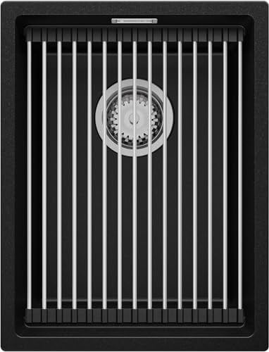 PRIMAGRAN Fregadero bajo Encimera Negro 36x47cm, Cocina 1 Seno + Sifón + Enrollable Escurridor, Granito al mueble 40cm - Prague S096