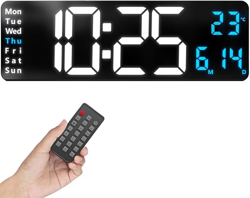 Opis Technology Clock 1 XXL White&Blue (41cm) Digital Wall Clock with Remote Control - Large LED Display with Temperature, Date, Timer & 2 Alarms - Power Adapter Included