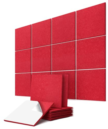 vilz 12x Akustikpaneele selbstklebend Filz recycelt 250x250x9mm - Geräuschdämmung Quadrate für Wohnzimmer, Tür, Tonstudio Farbe Rubinrot