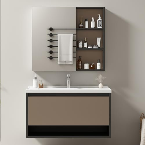 YESGIGA Set di mobili da bagno da appendere al lavandino, larghezza 90 cm, con lavabo in ceramica, cassetti, armadietto a specchio, grigio chiaro