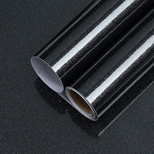LiKiLiKi Black Glitter Wallpaper Peel and Stick Wallpaper Modern Self Adhesive Vinyl Wrap 60cm × 3m Sticky Back Plastic Roll Waterproof Contact Paper for Kitchen Worktop Covering, Walls, Doors
