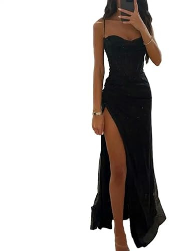 Damen-Abendkleid, Spaghettiträger, Pailletten, ärmelloses Kleid, tief Ausgeschnitten, locker, hohe Taille, Damen-Abschlussballkleid, Schwarz, S