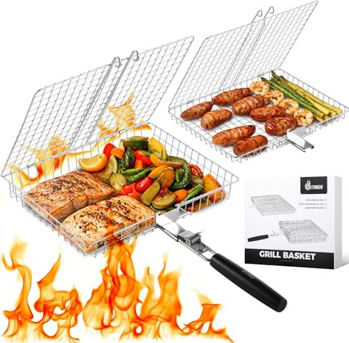 Grillkorb-Set, 2 Stück BBQ Grillkörbe für Outdoor-Grill mit abnehmbarem Griff, Edelstahl Camping Kochen Grillzubehör für Huhn, Fisch, Gemüse, Steak usw