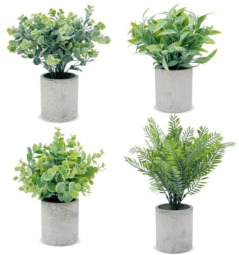 newkaijian Plantes artificielles - Mini Eucalyptus et Olivier - 4 pièces pour décoration dans la Cuisine, Le Salon et Le Bureau - Facile d'entretien et Durable (4 pièces-003)