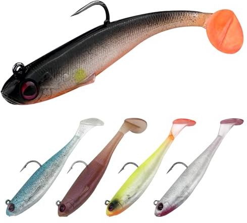 Ghazpmuk 5 Pezzi Esche da Pesca in Plastica Morbida, Esche da Nuoto con Coda a Paletta, Esca da Pesca Morbido Silicone, Plastica Esche da Pesca, Esca Gomma di Pesca, per Bass, Trote e Crappie