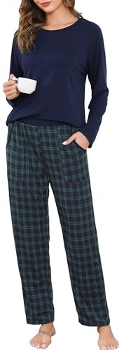 Lovasy Pyjama Coton Femme Long Ensemble de Pijama Hiver Chaud Vêtement de Nuit 2 Pièces Cofortable Haut à Manches Longues Sleepwear Maison Costume à Carreaux B Bleu Marine L
