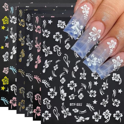 Nagelsticker Blumen, Nagelsticker Selbstklebend 3D Hibiskus Nail Sticker Weiß Rosa Gold Blume Nagelaufkleber Sommer NagelDesign(6Blatt)