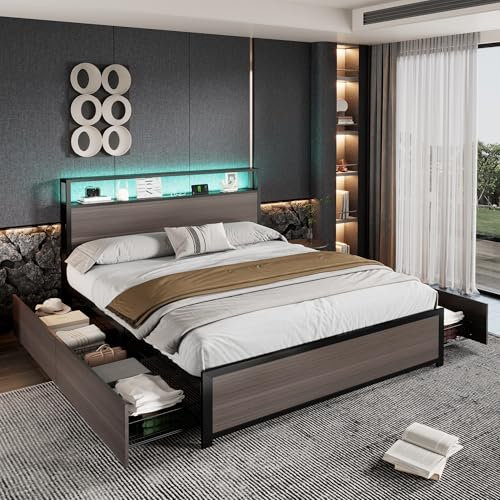 BTM 4FT6 Double Bed 135x190cm, Double Bed Frame wtih 4 Drawers & Light Strip & 3 USB Ports, Metal Bed Frame Double, Double Bed with Headboard Shelf