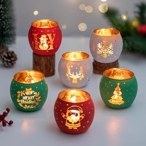 Hewory Christmas Candle Holder Decorations: Set of 6 Tealight Holders Christmas Table Centrepiece,Tea Light Candle Holders Xmas Ornaments (Christmas Tree/Santa/Snowman)