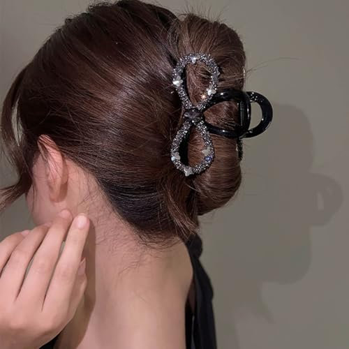Danshinbow Fermagli per capelli a doppia fila con fiocco per coda di cavallo alta clip con strass scavati artigli per capelli spessi per donne