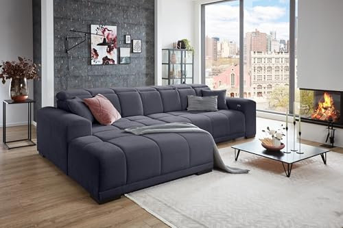 möbelando Wohnlandschaft >Puppet< in schwarz, Ottomane Links, elektrische Sitztiefenverstellung, Metallfüße schwarz, Nosagunterfederung, Polyätherschaum, inkl. 2 Zierkissen, 301x81-113x195 cm (BxHxT)