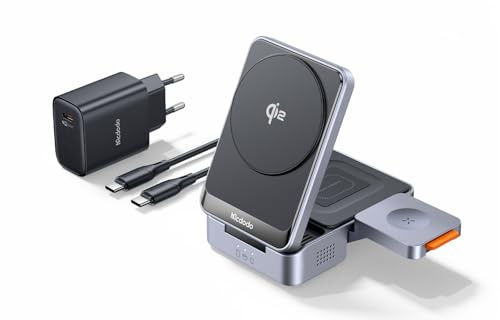 Mcdodo Qi2 Zertifizierte 3-in-1 Kabellose Magsafe Ladestation mit 33W Netzteil | 15W Schnellladung, Faltbar & Tragbar für iPhone 12-16, Apple Watch 1-9/Ultra/SE, AirPods Pro