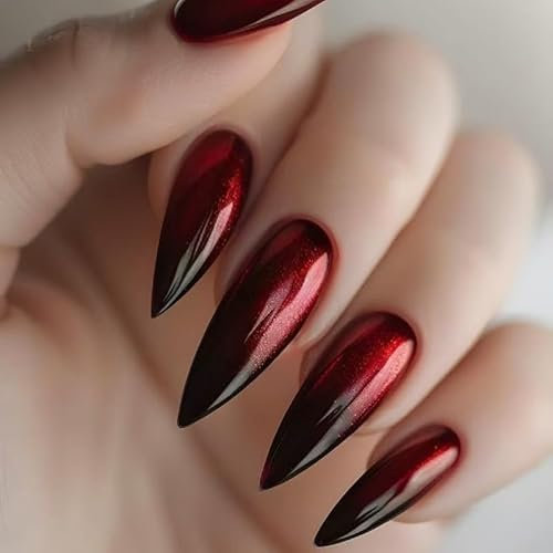 MouyouGlow Press on Nails Extrem Lang,Stiletto Halloween Schwarz Rot Ombre Gothic Fake Nails mit Nagelkleber,Vampire Blood Black Red Gradient Künstliche Fingernägel
