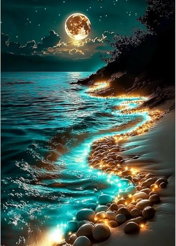 Moonlight Paint by Numbers Kit - Beach Canvas for Adults, Scenery Perfect for Home Wall Decor (12x16 inch)
