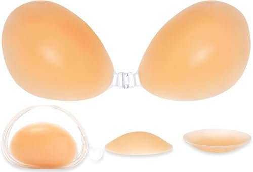 Hocent Soutien-Gorge Adhésif Push-Up Invisible, Soutien-Gorge sans Bretelles en Silicone avec Caches-Tétons Nude pour Femme