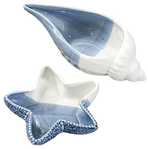 Sertay 2 Stück Seestern Schmucktabletts, Muschel Deko Schalen, Sea Schmuck Tablett Keramik, Porzellan Schmuckteller Set, Geeignet zur Aufbewahrung von Ringen, Ohrringen, Anhängern, Halsketten