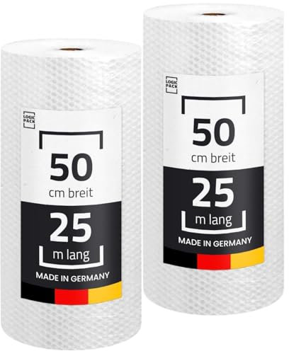 LOGIC PACK Luftpolsterfolie Rolle für Verpackung, Versand und Umzug 25m x 50 cm - Bubble Wrap Verpackunsgmaterial, 100% recyclingfähig, leicht zu schneiden, 2-schichtig 60my 2 Stück