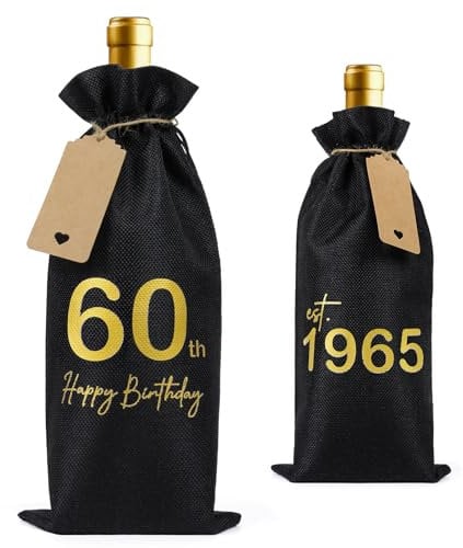 BETESSIN 60th Birthday Gifts - Decorative Drawstring Wine Gift Bag with Tag 1965 Years Wine Bottle Bag for Friend Wife Husband Dad Mum Coworker Sister
