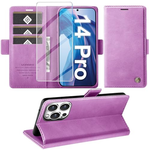 Giyer Cover per iPhone 14 Pro Custodia con Vetro Temperato, Premium PU Portafoglio Slot per Scheda RFID Antifurto Funzione Supporto Flip Case, Antiurto per iPhone 14 Pro 5G Cover (Viola)