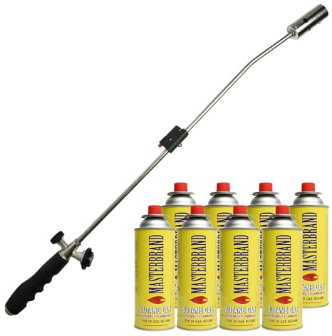 Weed Burner Wand Butane Gas Cordless Garden Lance Torch Weed Killer Blowtorch Flame Thrower Driveway Patio (Weed Wand + 8 Butane Refills)