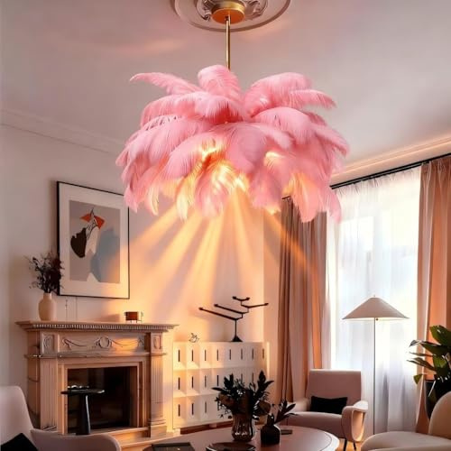 AstrizLamp Suspension Plume Rose 65cm Naturelles Plumes Abat-jour Lumière Créative 3 Températures de Couleur G9 Projecteur, LED Lustre Plume Luxe pour Chambre, Salon ou Restaurant
