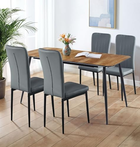Hallowood Furniture Cullompton Extendable Dining Table and Chairs Set 4 | Oak Effect Extending Table with Grey High Back Faux Leather Chairs, Dining Room Sets for Home or Apartment (120/150/180cm)