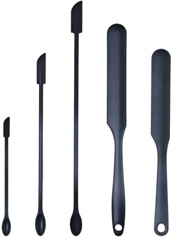 Cosmetic Spatula & Baking Spatula Set, 2 Large + 3 Small Silicone Spatulas for Cooking, Jar Scraping, Bread Scraper, Cake Decorating, All-Purpose Kitchen & Beauty Tools with Hanging Storage, Black​