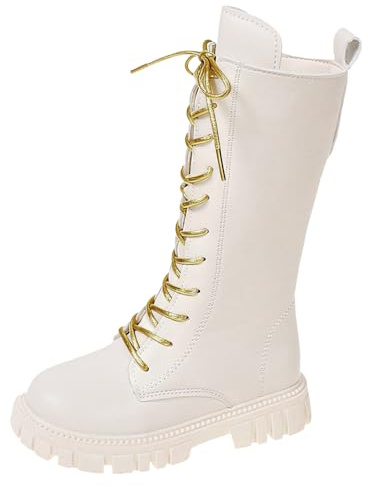 Fulidngzg Stivali Bambine Ragazze Invernali Alti in Pelle 4-12 Anni Suola Spessa con Lacci e Zip Laterale Anfibi Stile Principessa Elegante Comode Stivaletti Equitazione Impermeabili Scarpe Casual