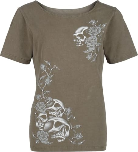 Rock Rebel by EMP Damen T-Shirt T- Shirt mit Skull Print und Strasssteinen Oliv
