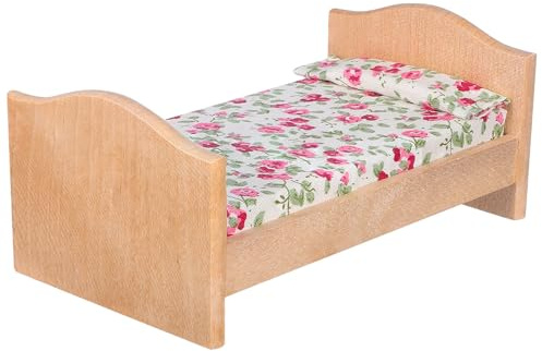 Kisangel 1 Set 1:12 Skala Mini-holzpuppenbett mit Rosenmuster Bettwäsche - Puppenhausmöbel für Puppenhauszimmer Einrichtung Kinder Miniaturspielzeug